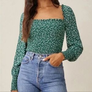 Reformation Pinto Floral Smocked Blouse in Green Size XSmall